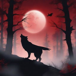 A fantasy book cover featuring a dark forest under a blood red full moon