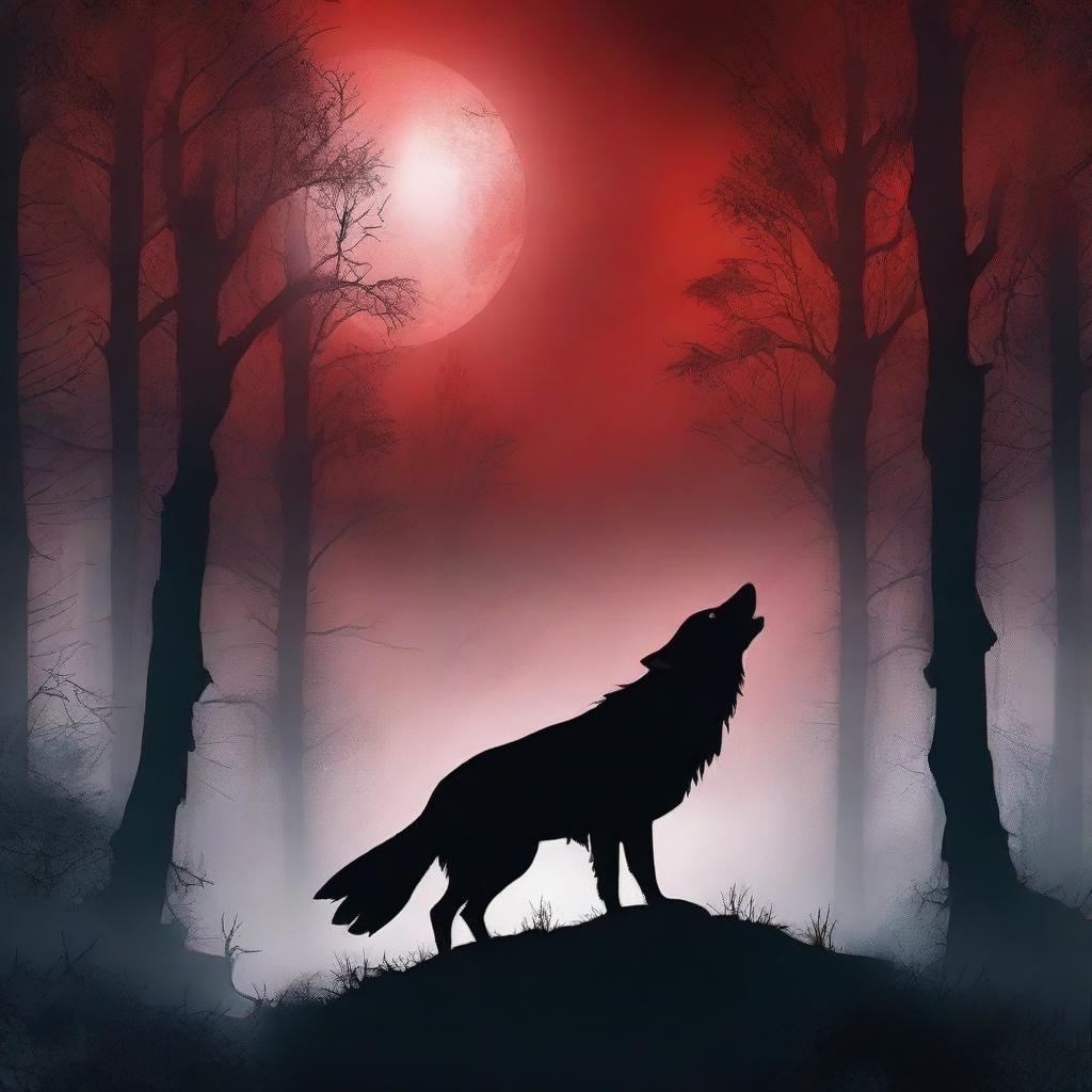 A fantasy book cover featuring a dark forest under a blood red full moon