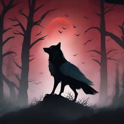 A fantasy book cover featuring a dark forest under a blood red full moon