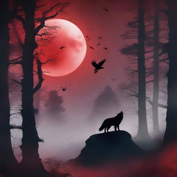 A fantasy book cover featuring a dark forest under a blood red full moon