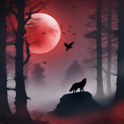 A fantasy book cover featuring a dark forest under a blood red full moon