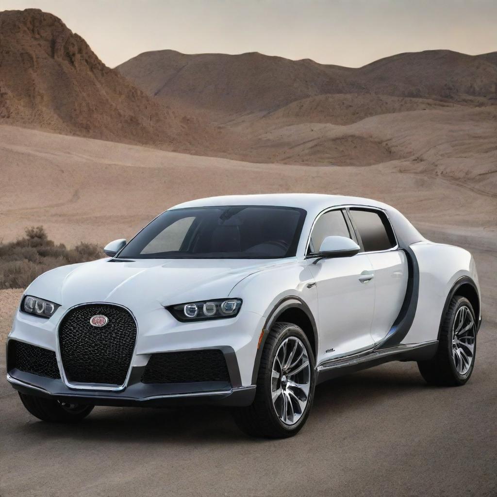 Bugatti cars reformed into luxury pickup trucks, featuring a large cargo area, Bugatti's distinctive design elements, and maintaining high-performance capabilities.