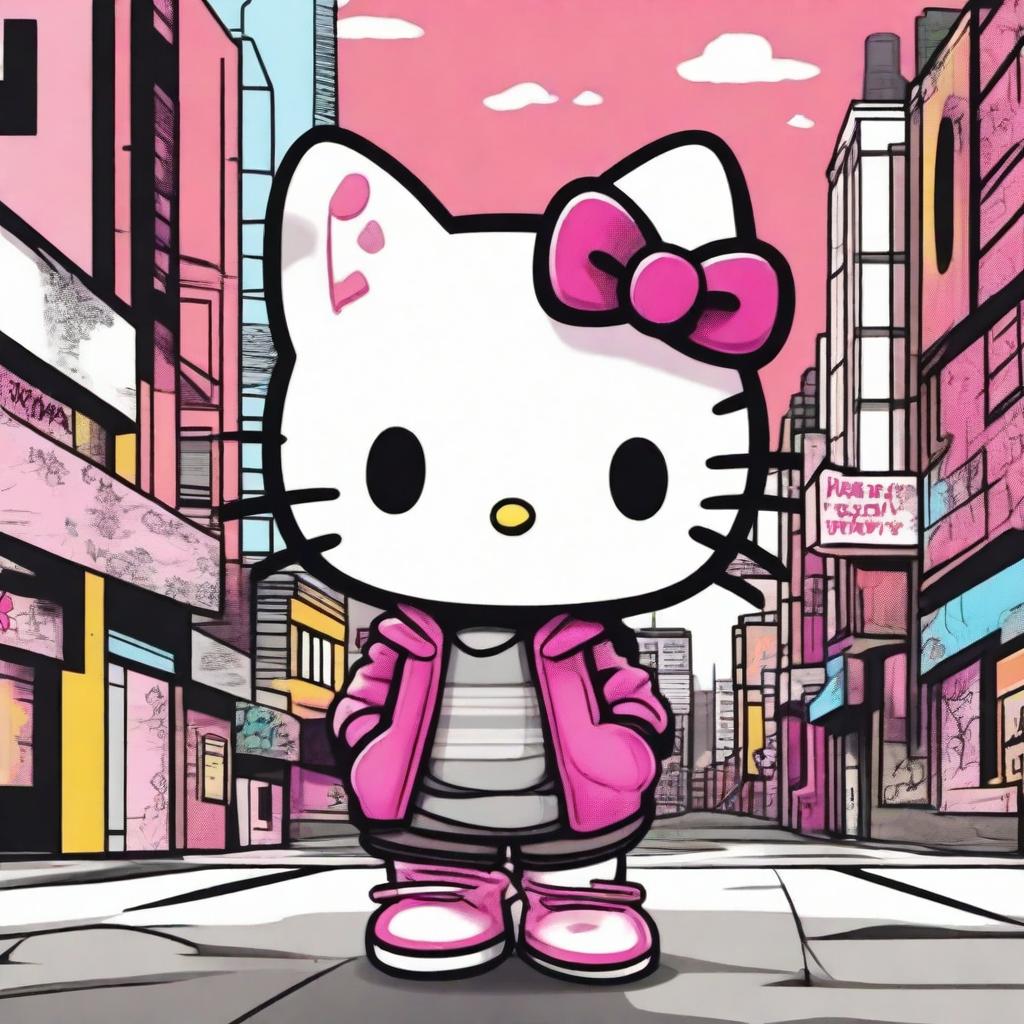 Create an image of Hello Kitty in an urban setting