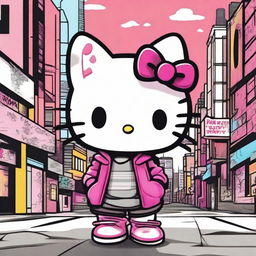 Create an image of Hello Kitty in an urban setting