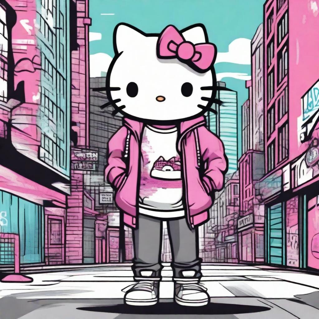 Create an image of Hello Kitty in an urban setting