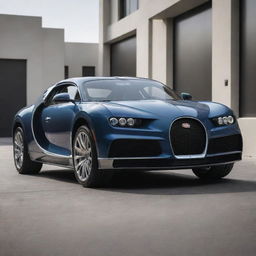 Bugatti cars reformed into luxury pickup trucks, featuring a large cargo area, Bugatti's distinctive design elements, and maintaining high-performance capabilities.