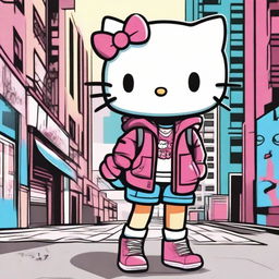 Create an image of Hello Kitty in an urban setting