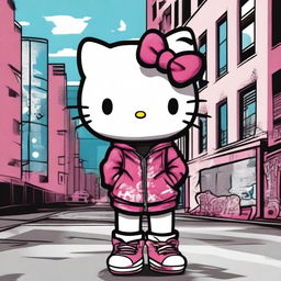 Create an image of Hello Kitty in an urban setting