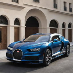 Bugatti cars reformed into luxury pickup trucks, featuring a large cargo area, Bugatti's distinctive design elements, and maintaining high-performance capabilities.