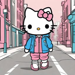 Create an image of Hello Kitty on the street, walking confidently