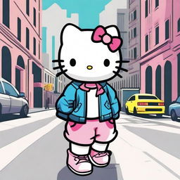 Create an image of Hello Kitty on the street, walking confidently