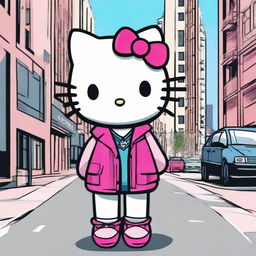 Create an image of Hello Kitty on the street, walking confidently