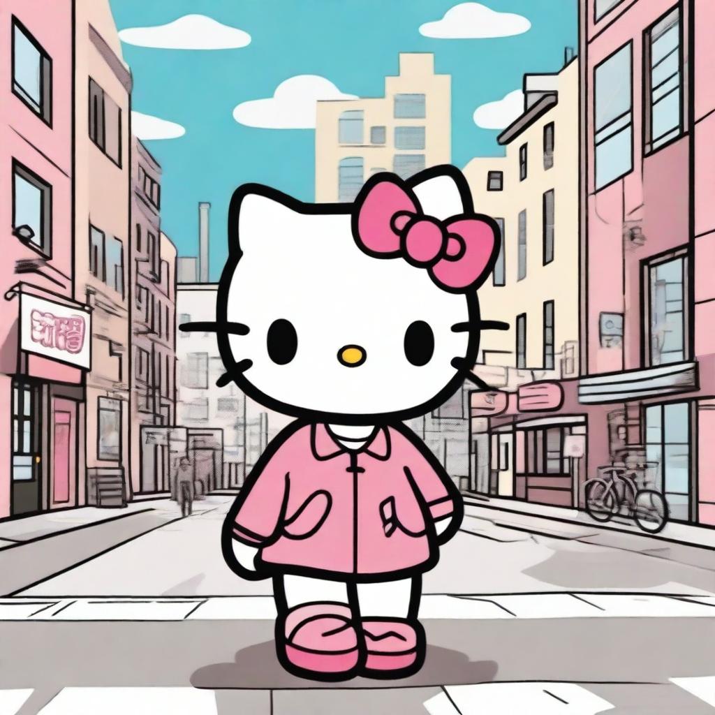 Create an image of Hello Kitty on the street, walking confidently