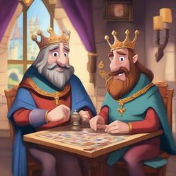 Two cartoony kings are sitting across from each other at a table, deeply engrossed in a board game