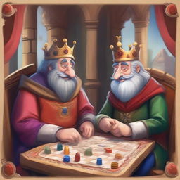 Two cartoony kings are sitting across from each other at a table, deeply engrossed in a board game