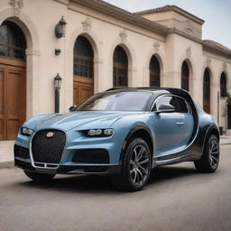 Bugatti cars reformed into luxury pickup trucks, featuring a large cargo area, Bugatti's distinctive design elements, and maintaining high-performance capabilities.