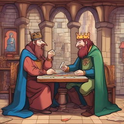 Two cartoony kings are sitting across from each other at a table, deeply engrossed in a board game