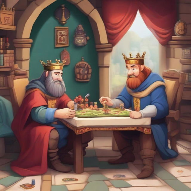 Two cartoony kings are sitting across from each other at a table, deeply engrossed in a board game