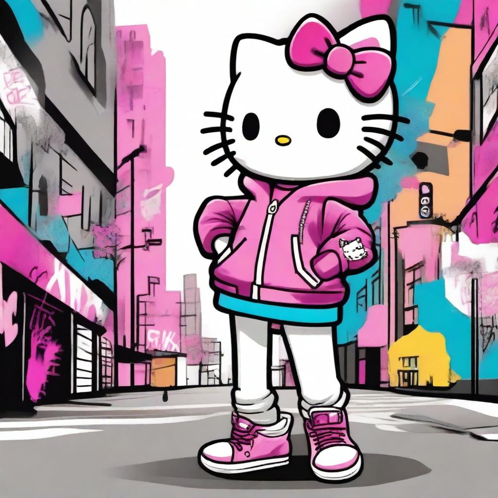 Create an image of Hello Kitty dressed in trendy street style clothing