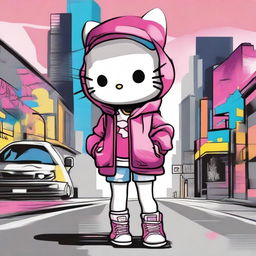 Create an image of Hello Kitty dressed in trendy street style clothing