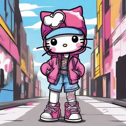 Create an image of Hello Kitty dressed in trendy street style clothing