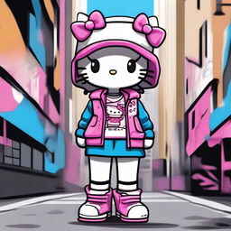 Create an image of Hello Kitty dressed in trendy street style clothing