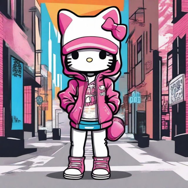 Create an image of Hello Kitty dressed in trendy street style clothing