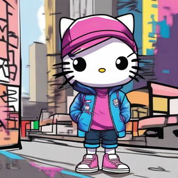 Create an image of Hello Kitty dressed in trendy street style clothing