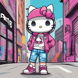 Create an image of Hello Kitty dressed in trendy street style clothing