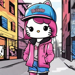 Create an image of Hello Kitty dressed in trendy street style clothing