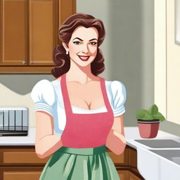 A depiction of a housewife with a noticeable chest, dressed in typical domestic attire, such as an apron and comfortable clothing