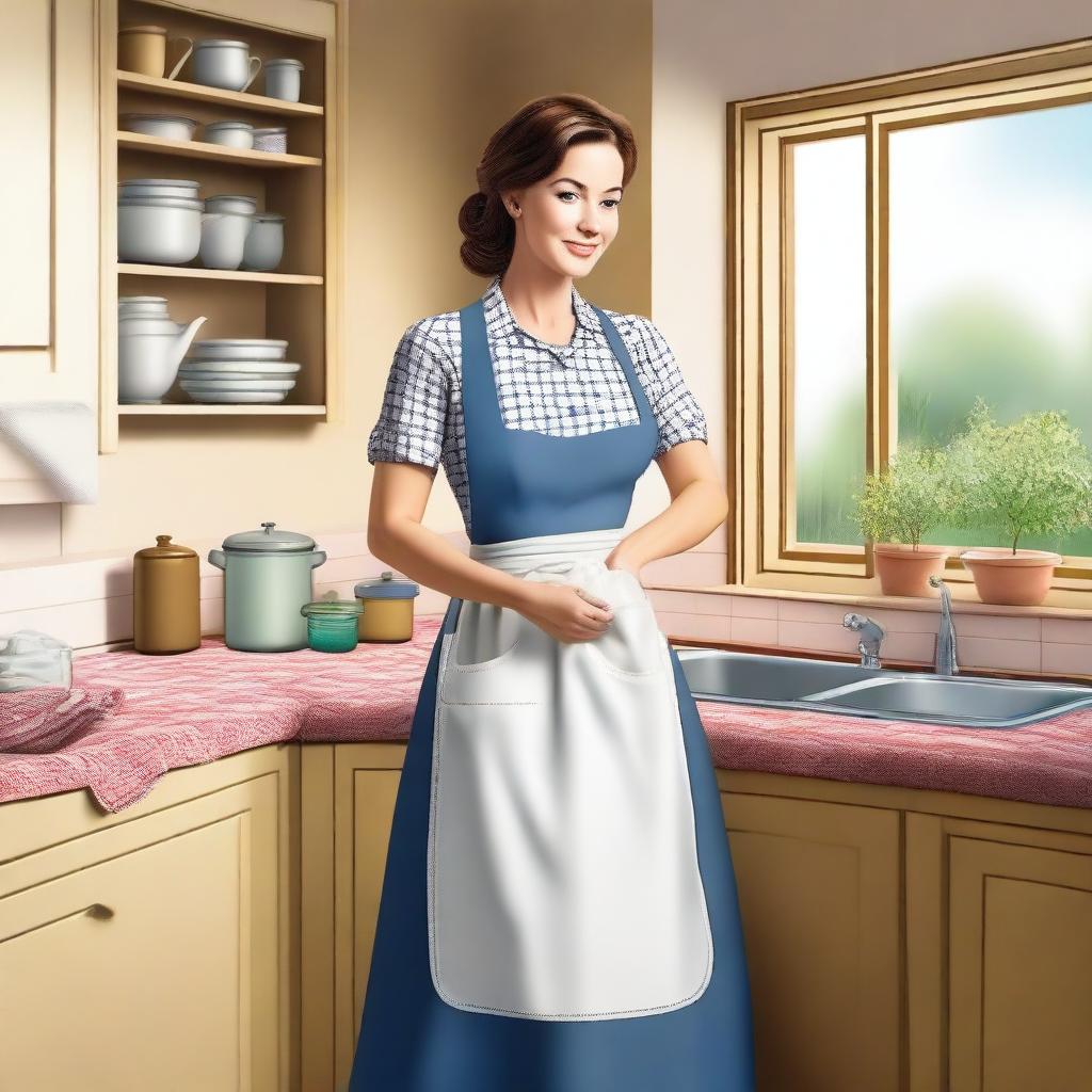 A depiction of a housewife with a noticeable chest, dressed in typical domestic attire, such as an apron and comfortable clothing