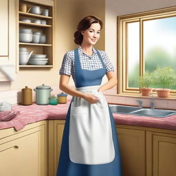 A depiction of a housewife with a noticeable chest, dressed in typical domestic attire, such as an apron and comfortable clothing