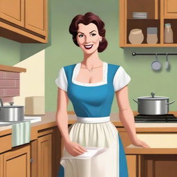 A depiction of a housewife with a noticeable chest, dressed in typical domestic attire, such as an apron and comfortable clothing