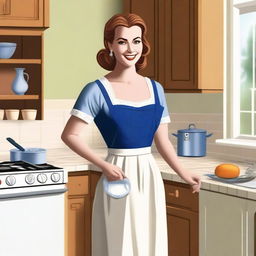 A depiction of a housewife with a noticeable chest, dressed in typical domestic attire, such as an apron and comfortable clothing