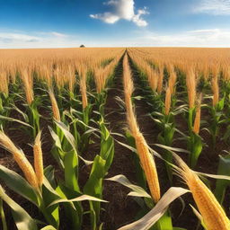 A vast and serene corn field under a clear blue sky