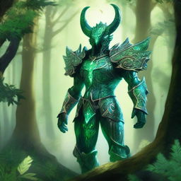 A majestic green guardian standing in a lush forest, surrounded by towering trees and vibrant foliage