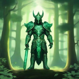 A majestic green guardian standing in a lush forest, surrounded by towering trees and vibrant foliage