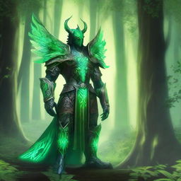 A majestic green guardian standing in a lush forest, surrounded by towering trees and vibrant foliage