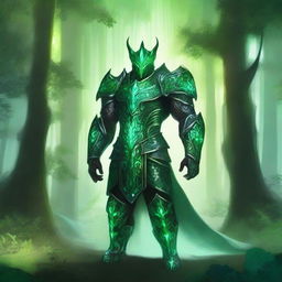 A majestic green guardian standing in a lush forest, surrounded by towering trees and vibrant foliage