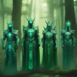 A group of majestic green guardians standing in a lush forest, surrounded by towering trees and vibrant foliage