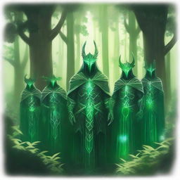 A group of majestic green guardians standing in a lush forest, surrounded by towering trees and vibrant foliage