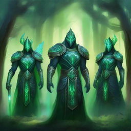 A group of majestic green guardians standing in a lush forest, surrounded by towering trees and vibrant foliage