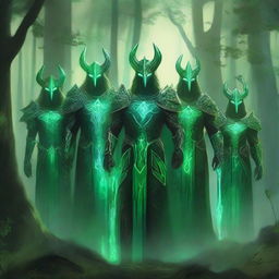 A group of majestic green guardians standing in a lush forest, surrounded by towering trees and vibrant foliage