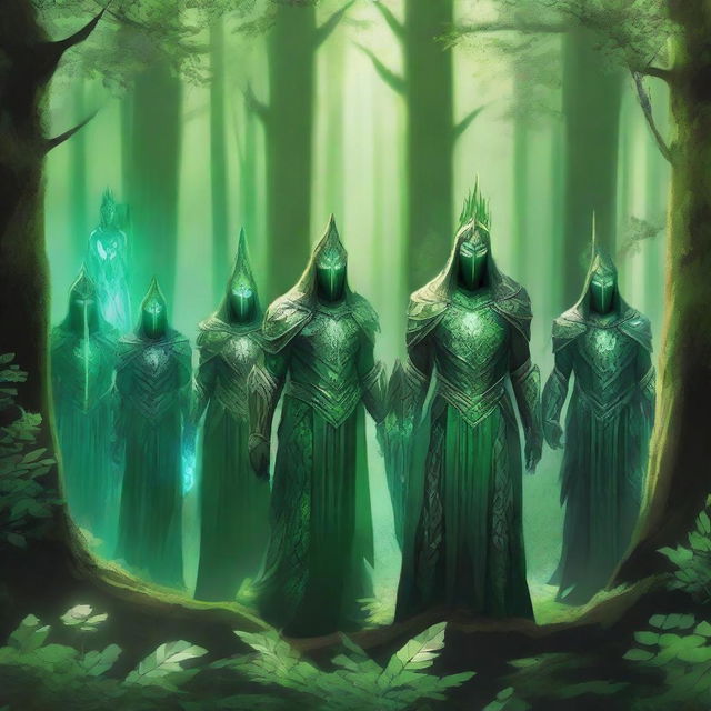 A group of majestic green guardians standing in a lush forest, surrounded by towering trees and vibrant foliage