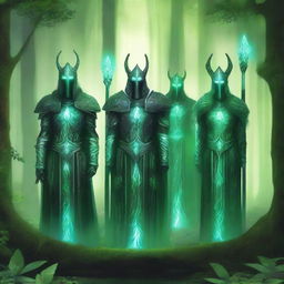 A group of majestic green guardians standing in a lush forest, surrounded by towering trees and vibrant foliage