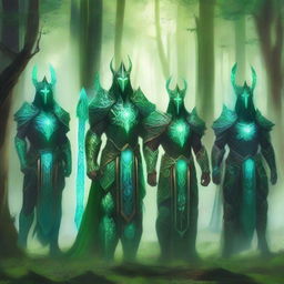 A group of majestic green guardians standing in a lush forest, surrounded by towering trees and vibrant foliage