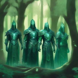 A group of majestic green guardians standing in a lush forest, surrounded by towering trees and vibrant foliage