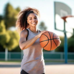 A young woman who is attractive and athletic, playing basketball on an outdoor court