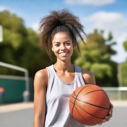 A young woman who is attractive and athletic, playing basketball on an outdoor court